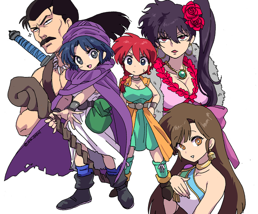 1boy 4girls bianca_(dq5) bianca_(dq5)_(cosplay) braid brown_hair commentary_request cosplay deborah_(dq5) deborah_(dq5)_(cosplay) dragon_quest dragon_quest_v flora_(dq5) flora_(dq5)_(cosplay) genderswap_(mtf) hero_(dq5) hero_(dq5)_(cosplay) highres kazushiro4972 kunou_kodachi kuonji_ukyou multiple_girls papas papas_(cosplay) ranma-chan ranma_1/2 rule_63 saotome_ranma tendou_akane tendou_souun