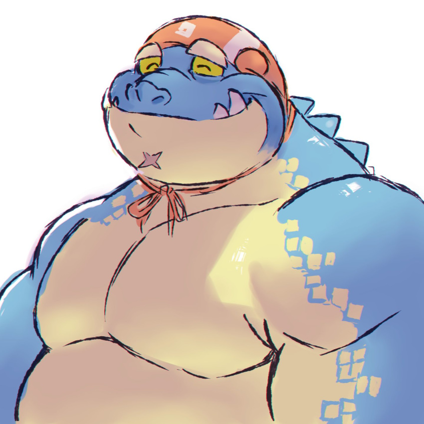 1:1 anthro belly big_belly blue_body bust_portrait crocodile crocodilian crocodylid cute_fangs episode0006 green_eyes hi_res lifewonders makara_(tas) male musclegut muscular pecs portrait reptile scalie slightly_chubby solo swimming_cap tokyo_afterschool_summoners