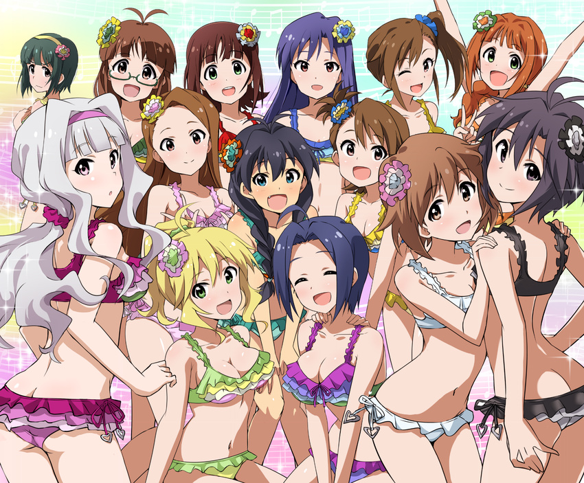 6+girls :d ;d ahoge akizuki_ritsuko amami_haruka arms_up ass back bikini black_bikini black_hair blonde_hair blue_eyes blue_hair braid breasts brown_eyes brown_hair cleavage closed_eyes collarbone commentary_request frilled_bikini frills futami_ami futami_mami ganaha_hibiki glasses green_eyes grey_hair hagiwara_yukiho hairband high_ponytail highres hoshii_miki idolmaster idolmaster_(classic) idolmaster_2 kikuchi_makoto kisaragi_chihaya long_hair looking_at_viewer medium_breasts minase_iori miura_azusa mole mole_under_mouth multiple_girls navel oerba_yun_fang one_eye_closed open_mouth orange_hair otonashi_kotori ponytail purple_bikini purple_eyes scrunchie shijou_takane short_hair side_ponytail small_breasts smile swimsuit takatsuki_yayoi tokiani twin_braids v vivid_bikini_(idolmaster) white_bikini yellow_bikini