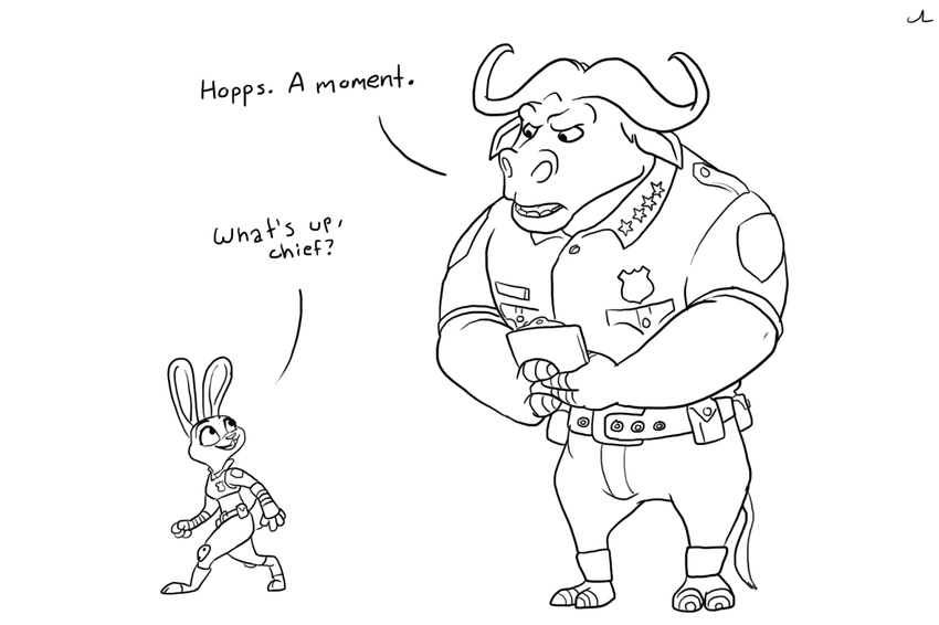 anthro better_version_at_source black_and_white bovid bovine buffalo_(disambiguation) chief_bogo clothed clothing disney duo english_text female jake_lion judy_hopps lagomorph leporid male mammal monochrome police rabbit simple_background size_difference text uniform white_background zootopia