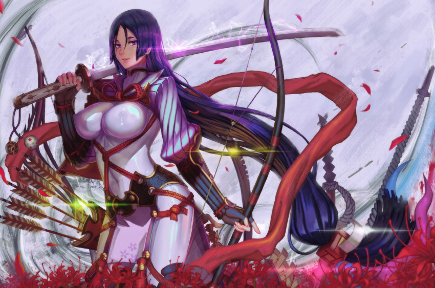 arm_guards artist_name bodysuit bow_(weapon) breasts commentary_request covered_navel dated edenfox electricity fate/grand_order fate_(series) female fingerless_gloves gloves highres holding holding_sword holding_weapon large_breasts long_hair looking_at_viewer low-tied_long_hair minamoto_no_raikou_(fate) photoshop_(medium) purple_bodysuit purple_eyes purple_hair rope solo sword very_long_hair weapon