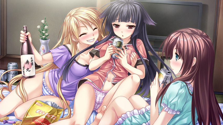 3girls ^_^ alcohol asahi_breweries barefoot beer beer_can black_hair blonde_hair blush bottle brand_name_imitation breasts brown_hair can cleavage closed_eyes dress drink drink_can drunk flower fuse-hime_(tsukumo_no_kanade) game_cg green_eyes grin highres indoors kujou_karen_(tsukumo_no_kanade) long_hair medium_breasts misumi_aina multiple_girls navel no_pants panties pink_panties plaid plaid_panties red_eyes saeki_hokuto sake sake_bottle sitting smile striped_clothes striped_panties television tsukumo_no_kanade underwear vase