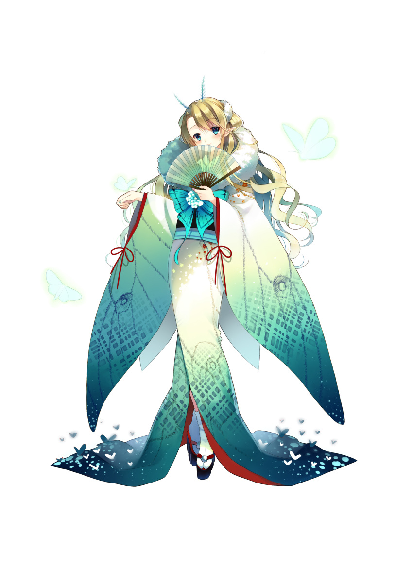 absurdres antennae blonde_hair blue_eyes blue_nails blush bug closed_mouth commentary_request female fingernails folding_fan full_body fur_trim gradient_clothes hand_fan highres holding holding_fan japanese_clothes jiji_(381134808) kimono long_sleeves looking_at_viewer moth nail_polish obi original platform_footwear pointy_ears red_pupils sandals sash simple_background smile solo standing tabi white_background white_legwear wide_sleeves