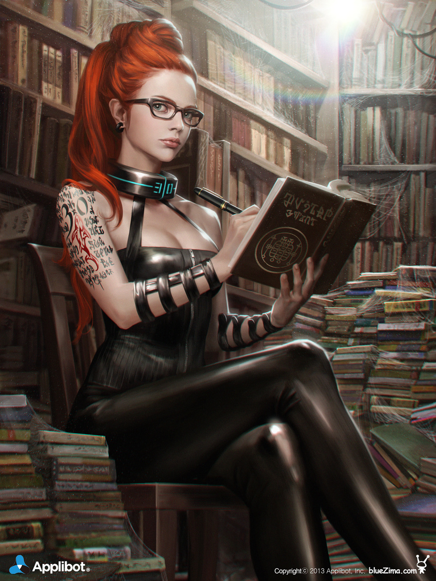 absurdres arm_tattoo bare_shoulders black-framed_eyewear black_pants blue_eyes book book_stack bookshelf breasts chair cleavage collar commentary company_name copyright_request crossed_legs dong-wook_shin earrings english_commentary eyebrows female forehead forneus glasses green_eyes hair_pulled_back half_updo highres holding holding_book holding_pen jewelry lens_flare library lips long_hair looking_at_viewer medium_breasts open_book orange_hair pants pen photoshop_(medium) realistic red_hair runes shiny_clothes silk sitting sleeveless solo spider_web tattoo tight_clothes tight_pants watermark web_address wrist_straps writing zipper