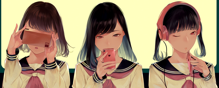 3girls apple_inc. black_hair blunt_bangs brown_hair cellphone commentary expressionless google_cardboard headphones heart highres holding holding_phone long_hair long_sleeves multiple_girls neckerchief one_eye_closed open_mouth original phone red_eyes red_neckerchief revision school_uniform serafuku short_hair smartphone sousou_(sousouworks) three_monkeys twintails twitter