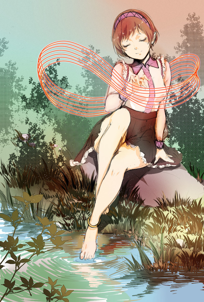 anklet barefoot brown_hair closed_eyes commentary female grass hairband highres jewelry kagari6496 nature photoshop_(medium) rattle_drum rock shirt short_hair sitting skirt smile solo touhou tsukumo_yatsuhashi water