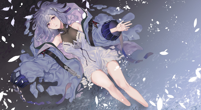 absurdres breasts commentary_request dress female hair_ribbon highres iron_saga jacket long_hair looking_at_viewer looking_up lying medium_breasts no_feet on_back petals purple_eyes purple_hair ribbon solo teresa_(iron_saga) water white_dress yamanashi_kawanashi