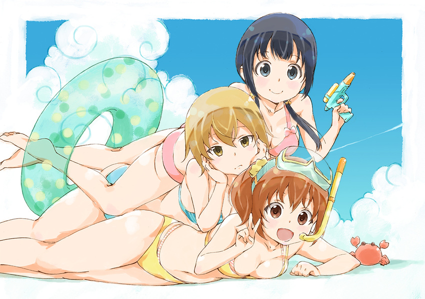 3girls :d aiura amaya_kanaka barefoot beach bikini black_eyes black_hair blonde_hair blue_sky brown_eyes brown_hair cloud commentary_request cowgirl_position crab day diving_mask diving_mask_on_head girl_sandwich goggles goggles_on_head holding holding_water_gun hosoi_mieko innertube iwasawa_saki legs long_hair lying lying_on_person multiple_girls on_stomach open_mouth outdoors photoshop_(medium) sandwiched short_hair sky smile snorkel summer swim_ring swimsuit uehara_ayuko v water_gun yellow_eyes