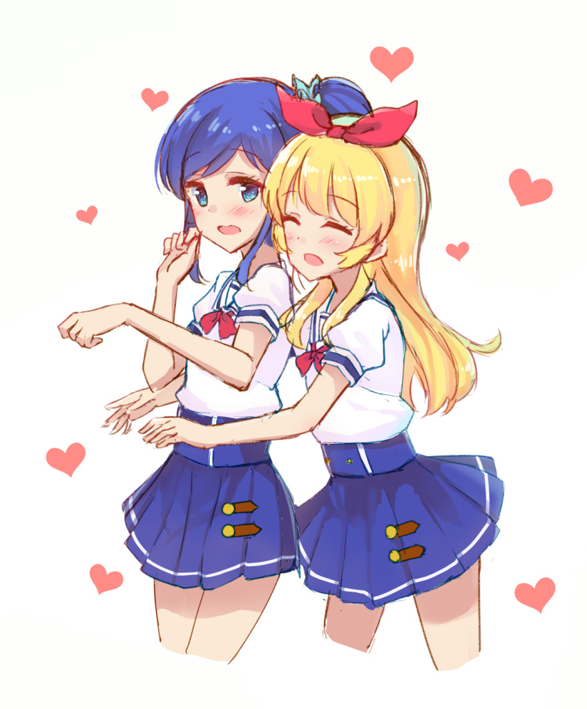 2girls :d ^_^ aikatsu! aikatsu!_(series) blonde_hair blue_eyes blue_hair blue_scrunchie blue_skirt blush closed_eyes commentary_request cropped_legs hair_ornament hair_ribbon hair_scrunchie heart heart_background highres hoshimiya_ichigo hug hug_from_behind kiriya_aoi long_hair makiaato multiple_girls open_mouth pleated_skirt puffy_short_sleeves puffy_sleeves red_ribbon ribbon school_uniform scrunchie serafuku shirt short_sleeves side_ponytail simple_background skirt smile starlight_academy_school_uniform very_long_hair white_background white_shirt yuri