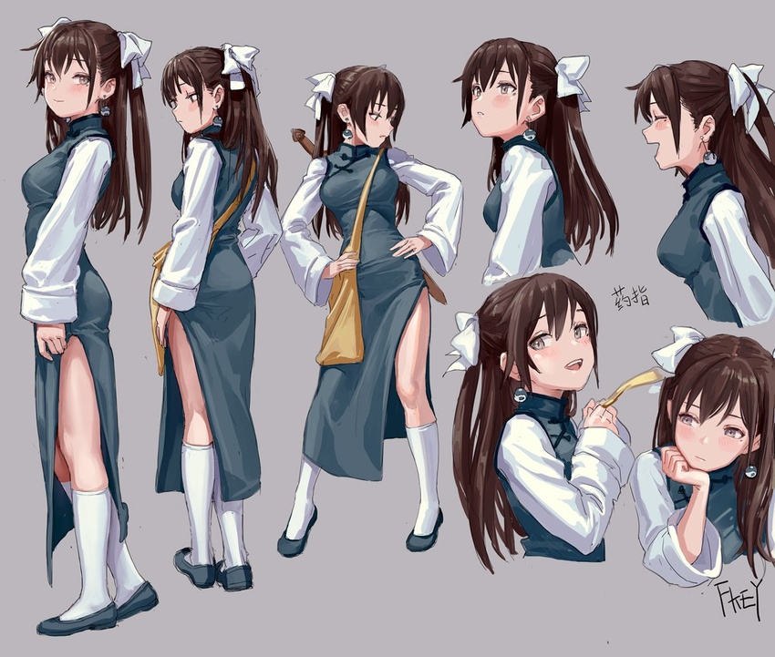 :d ^_^ artist_name ass blue_dress blue_footwear brown_eyes brown_hair china_dress chinese_clothes chinese_commentary chinese_text closed_eyes commentary_request cropped_torso dress earrings expressions eyeball_bracelet_girl_(fkey) female fkey flats from_behind from_side full_body grey_background hair_between_eyes hair_ribbon hand_on_own_hip hand_up hands_on_own_hips hands_up head_rest head_tilt jewelry kneehighs long_hair long_sleeves looking_at_viewer mole mole_under_eye multiple_views open_mouth original parted_lips profile reference_sheet ribbon scabbard sheath sheathed shirt shoes side_slit signature simple_background smile socks standing sword thighs translation_request two_side_up upper_body weapon white_ribbon white_shirt white_socks wide_sleeves yin_yang yin_yang_earrings