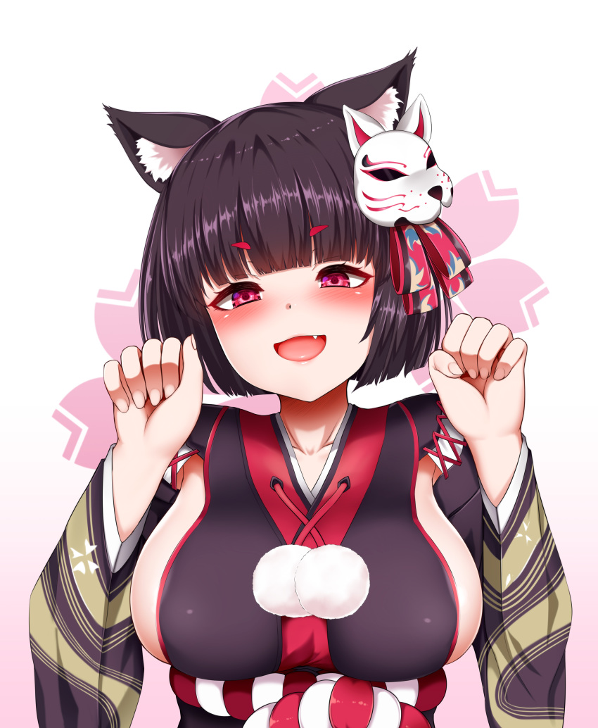 :d absurdres animal_ears azur_lane bad_id bad_pixiv_id black_hair black_kimono blunt_bangs blush breasts cat_ears female fox_mask highres japanese_clothes kimono kouhaku_nawa large_breasts looking_at_viewer mapar mask mask_on_head mismatched_eyebrows oerba_yun_fang open_mouth paw_pose photoshop_(medium) pom_pom_(clothes) red_eyes rope shimenawa short_hair sideboob sideless_kimono smile solo upper_body yamashiro_(azur_lane) yamashiro_(retrofit)_(azur_lane)