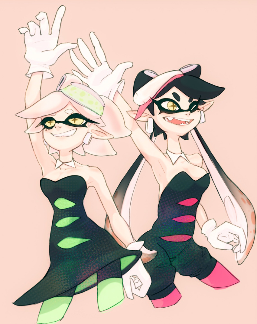 2017 amber_eyes animal_humanoid black_hair breasts callie_(splatoon) cephalopod cephalopod_humanoid cleavage clothed clothing cousins_(lore) digital_media_(artwork) dress duo e503 ear_piercing fangs female gesture gloves hair handwear hi_res highs humanoid inkling marie_(splatoon) marine marine_humanoid markings mole_(marking) mollusk mollusk_humanoid nintendo one_eye_closed open_mouth piercing pose pseudo_hair raised_arm simple_background smile splatoon squid_sisters_(splatoon) standing suction_cup teeth tentacle tentacle_hair waving white_wait wink