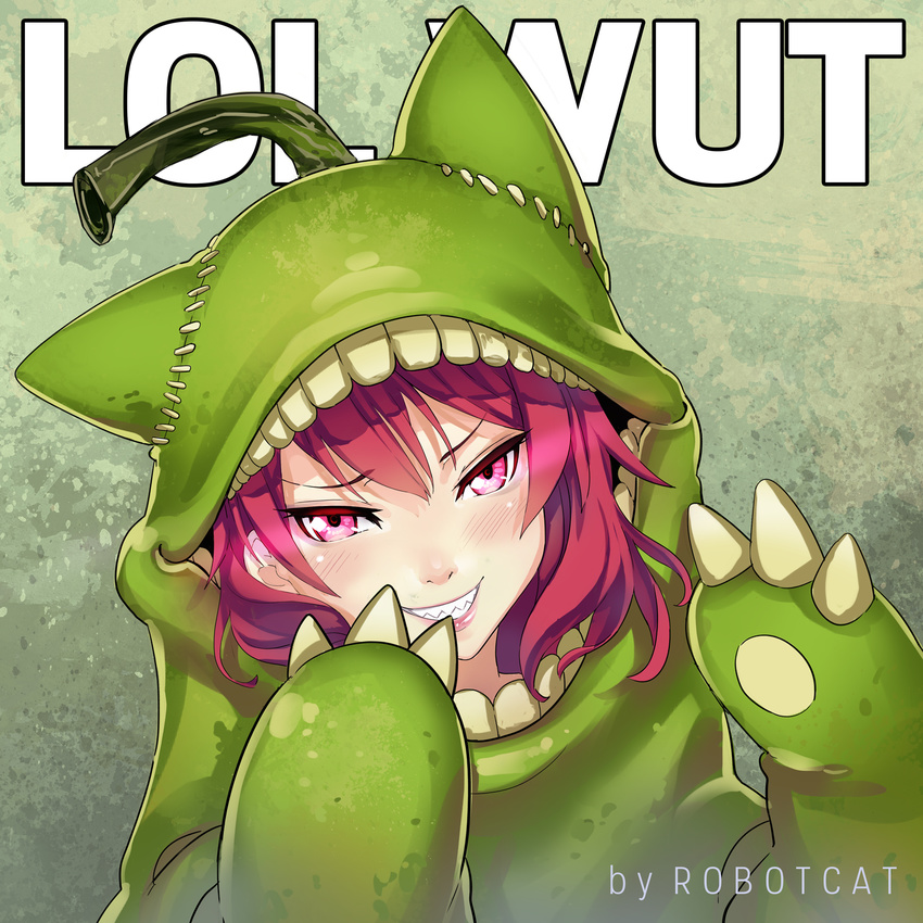 april_fools artist_name biting_pear_of_salamanca blush commentary_request female grin highres lol_wut looking_at_viewer meme onesie original red_eyes red_hair robot_cat_(robotcatart) sharp_teeth short_hair smile solo teeth text_background text_focus