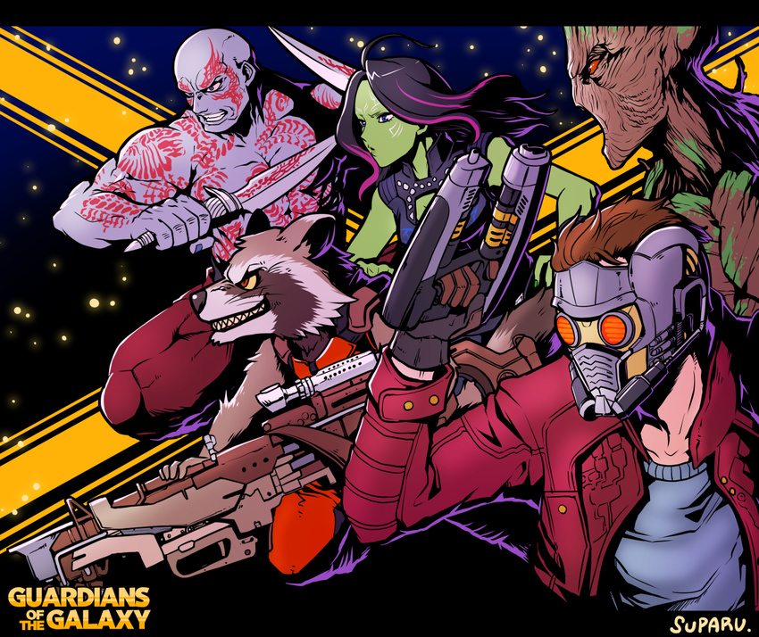 2boys animification commentary_request dagger drax_the_destroyer female gamora groot guardians_of_the_galaxy gun knife marvel marvel_cinematic_universe multiple_boys peter_quill rocket_raccoon suparu_(detteiu) weapon