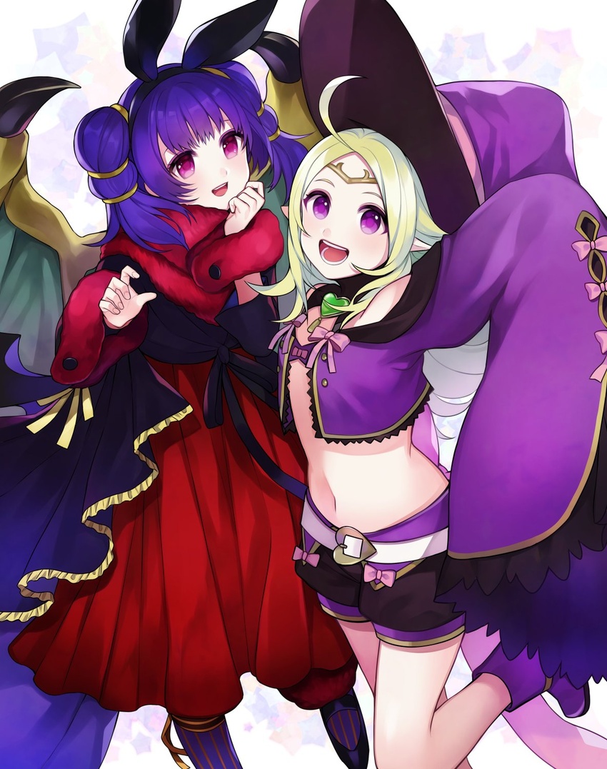 2girls ahoge aym_(ash3ash3ash) bad_id bad_twitter_id blush cape circlet dragon_girl dragon_wings dress fire_emblem fire_emblem:_the_sacred_stones fire_emblem_awakening fire_emblem_heroes gloves green_eyes green_hair hat highres long_hair multi-tied_hair multiple_girls myrrh_(fire_emblem) myrrh_(halloween)_(fire_emblem) nowi_(fire_emblem) nowi_(halloween)_(fire_emblem) open_mouth pink_legwear pointy_ears ponytail purple_eyes purple_hair red_eyes short_hair smile tiara twintails wings witch_hat