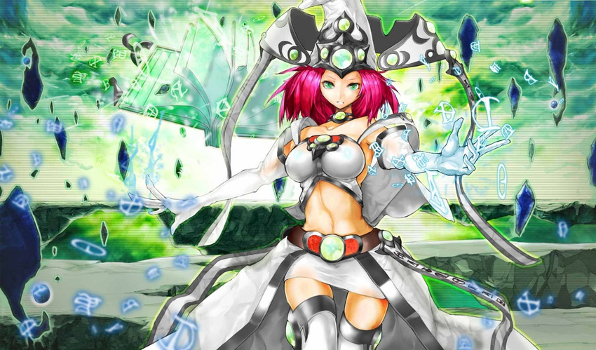 armpits bare_shoulders belt book breasts choker detached_sleeves duel_monster erolj gloves green_eyes headgear high_priestess_of_prophecy large_breasts long_hair looking_at_viewer midriff navel pink_hair skirt thighhighs white_gloves yuu-gi-ou