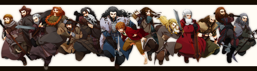 6+boys absurdres arrow_(projectile) axe balin bear beard bifur bilbo_baggins black_hair blonde_hair bofur bombur braid braided_beard brown_hair commentary dori_(the_hobbit) dwalin facial_hair fili gloin grey_hair hammer hat highres kili_(the_hobbit) long_hair male_focus multicolored_hair multiple_boys nashi_y nori_(the_hobbit) oin ori_(the_hobbit) photoshop_(medium) red_hair short_hair sword the_hobbit thorin_oakenshield tolkien's_legendarium two-tone_hair weapon white_hair