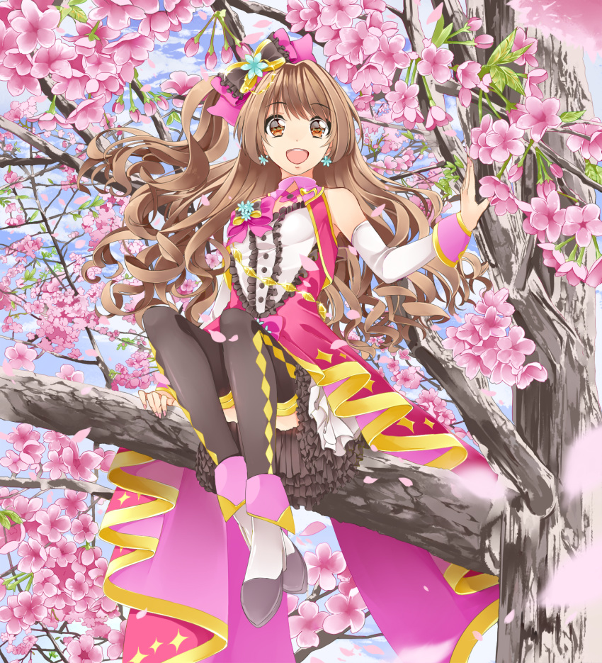 :d argyle_clothes argyle_legwear black_thighhighs bow breasts brown_eyes brown_hair cape center_frills cherry_blossoms commentary_request crossed_ankles day detached_sleeves earrings female floating_hair flower flower_earrings frills from_below full_body hairbow highres idolmaster idolmaster_cinderella_girls in_tree jewelry long_hair long_sleeves looking_at_viewer nail_polish one_side_up open_mouth outdoors petals pink_bow pink_cape pink_flower pink_nails shimamura_uzuki sitting sitting_in_tree sky small_breasts smile solo stage_of_magic_(idolmaster) thighhighs tree very_long_hair waist_cape white_sleeves yuutarou_(fukiiincho)