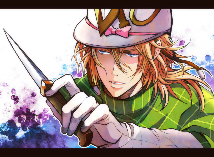 1boy bad_id bad_pixiv_id blonde_hair blue_eyes bow diego_brando gloves green_shirt hat hat_bow jojo_no_kimyou_na_bouken knife letterboxed male_focus shirt solo steel_ball_run suna_ko1