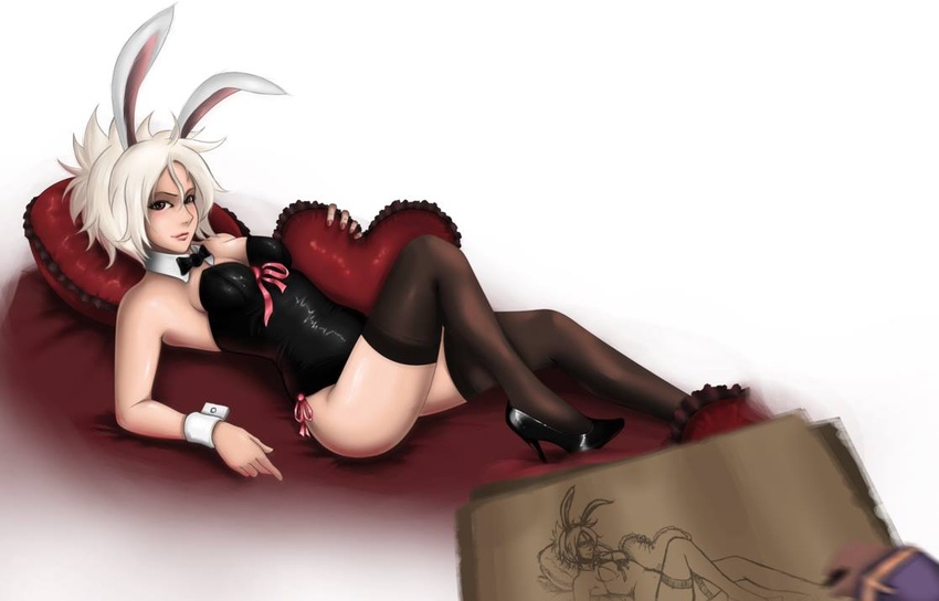 battle_bunny_riven black_dress bunny_ears drawing high_heels league_of_legends modeling pillow ribbon riven stockings the_grind_series white_hair