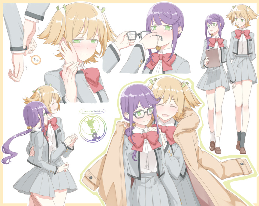 2girls bell blonde_hair blush clipboard closed_eyes coat commentary daiba_nana giraffe giraffe_(revue_starlight) glasses green_eyes hair_bell hair_ornament hair_ribbon hand_on_another's_back hand_on_another's_face hand_on_another's_shoulder holding holding_hands holding_removed_eyewear hoshimi_junna long_hair low_ponytail multiple_girls neck_ribbon open_mouth plaid plaid_skirt pulling purple_hair ribbon sakuraba_yuuki school_uniform seishou_music_academy_uniform short_hair shoujo_kageki_revue_starlight skirt smile twintails unworn_eyewear yuri