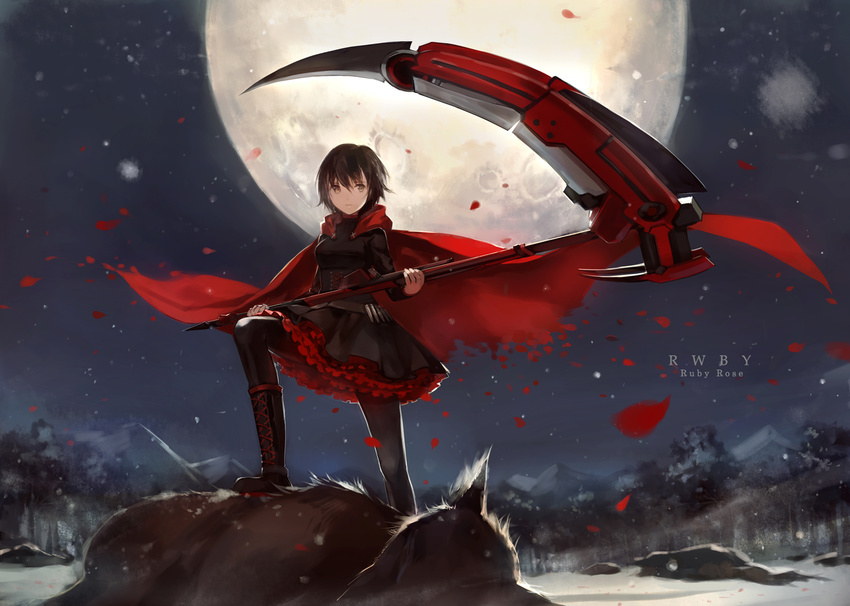 beowolf black_hair boots cape character_name commentary_request copyright_name cotta crescent_rose cross dress english_text female forest full_moon grimm_(rwby) monster moon mountain nature night outdoors pantyhose petals petticoat photoshop_(medium) rose_petals ruby_rose rwby scythe short_hair skirt sky snow solo tree weapon wolf