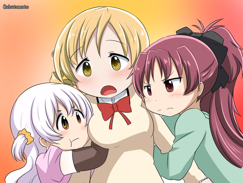 3girls abutomato arm_hug blonde_hair blush commentary_request confrontation double_arm_hug frown girl_sandwich highres jealous long_hair mahou_shoujo_madoka_magica mahou_shoujo_madoka_magica:_hangyaku_no_monogatari momoe_nagisa multiple_girls pout red_hair sakura_kyoko sandwiched tomoe_mami white_hair yellow_eyes yuri