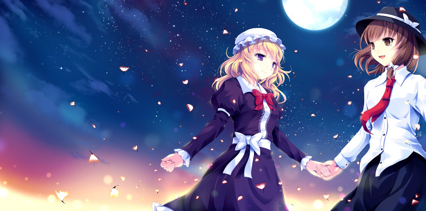 2girls album_cover blonde_hair bow brown_eyes brown_hair cetera commentary_request cover dress efs full_moon hat hat_bow highres holding maribel_hearn moon multiple_girls necktie night open_mouth petals photoshop_(medium) purple_dress purple_eyes sash shirt skirt sky smile touhou usami_renko