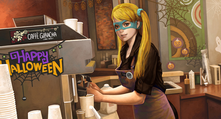 alternate_costume apron badge bangs barista black_shirt blonde_hair blue_eyes bottle button_badge cafe coffee_maker_(object) commentary counter dave_kang employee_uniform english female halloween happy_halloween highres indoors light_smile lips long_hair looking_at_viewer milk_bottle nose parted_lips rainbow_mika scrunchie shirt silk sleeves_folded_up solo spider_web street_fighter street_fighter_zero street_fighter_zero_3 swept_bangs teenage twintails uniform wrestling_mask younger