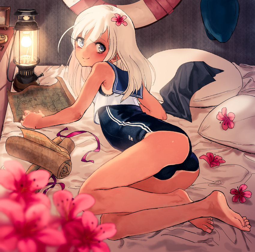 ass bad_id bad_pixiv_id barefoot blonde_hair blue_eyes chiitaki female flower full_body hair_flower hair_ornament highres kantai_collection lamp lifebuoy long_hair looking_at_viewer map photoshop_(medium) ro-500_(kancolle) solo swim_ring swimsuit swimsuit_under_clothes tan