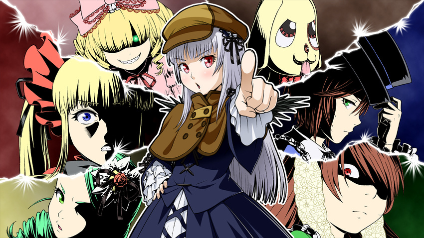 6+girls blonde_hair blue_eyes bow brown_hair canine commentary_request cosplay dress drill_hair foreshortening glowing glowing_eyes green_eyes green_hair grey_hair grin hair_ornament hair_over_one_eye hair_ribbon hairbow hand_on_own_hip hat hinaichigo ichikawa_masahiro kanaria kodona kunkun kunkun_(cosplay) lolita_fashion long_hair multiple_girls pink_bow pointing red_eyes ribbon rozen_maiden shadow shinku short_hair smile souseiseki suigintou suiseiseki top_hat