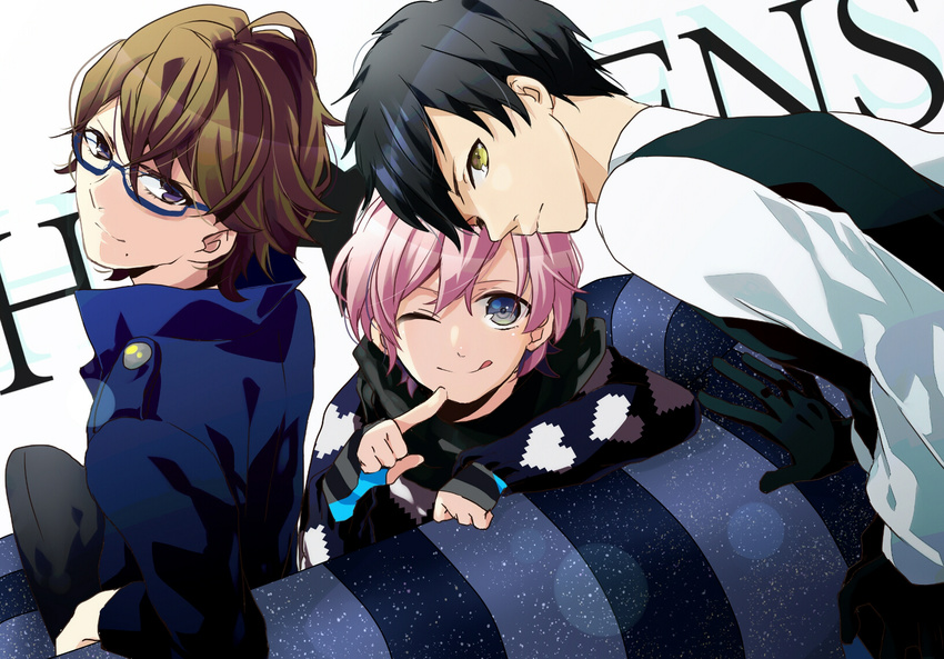 3boys bad_id bad_pixiv_id black_hair brown_hair fingerless_gloves glasses gloves grey_eyes highres long_sleeves male_focus mikado_nagi multiple_boys one_eye_closed ootori_eiichi parupauls pink_hair purple_eyes scarf smile sumeragi_kira sweater tongue tongue_out uta_no_prince-sama uta_no_prince-sama_maji_love_2000_percent yellow_eyes