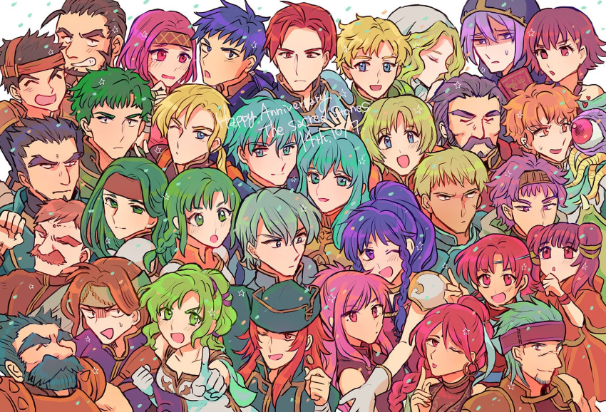 6+boys 6+girls amelia_(fire_emblem) aqua_hair armor artur_(fire_emblem) bare_shoulders blonde_hair blue_eyes blue_hair blush braid breasts cape colm_(fire_emblem) commentary_request cormag_(fire_emblem) dozla_(fire_emblem) dragon_girl dragon_wings dress duessel_(fire_emblem) earrings eirika_(fire_emblem) ephraim_(fire_emblem) ewan_(fire_emblem) facial_mark fingerless_gloves fire_emblem fire_emblem:_the_sacred_stones forde_(fire_emblem) forehead_mark franz_(fire_emblem) garcia_(fire_emblem) gerik_(fire_emblem) gilliam_(fire_emblem) gloves green_eyes green_hair highres holding innes_(fire_emblem) jewelry joshua_(fire_emblem) knoll_(fire_emblem) kyle_(fire_emblem) l'arachel_(fire_emblem) long_hair looking_at_viewer lute_(fire_emblem) marisa_(fire_emblem) medium_breasts mogall moulder_(fire_emblem) multi-tied_hair multiple_boys multiple_girls myrrh_(fire_emblem) natasha_(fire_emblem) neimi_(fire_emblem) noshima one_eye_closed open_mouth pegasus_knight_uniform_(fire_emblem) pink_hair ponytail purple_eyes purple_hair red_eyes red_hair rennac_(fire_emblem) ross_(fire_emblem) saleh_(fire_emblem) seth_(fire_emblem) short_hair single_braid smile syrene_(fire_emblem) tana_(fire_emblem) tethys_(fire_emblem) twin_braids twintails vanessa_(fire_emblem) wings