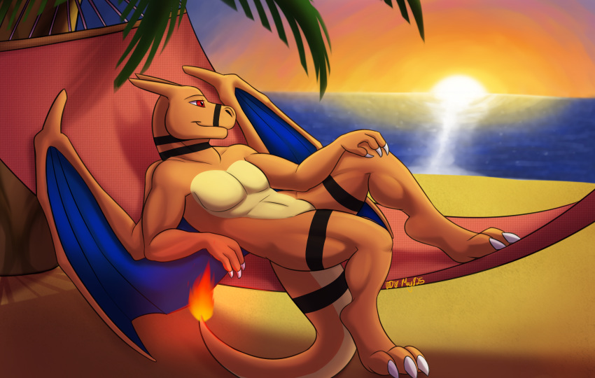 anthro beach charizard charizardon detailed_background digital_media_(artwork) don dragon fire flaming_tail generation_1_pokemon hammock hi_res looking_away lying male may825 muscular muscular_anthro muscular_male mythological_creature mythological_scalie mythology nintendo outside palm_tree plant pokemon pokemon_(species) pokemorph red_eyes sand scalie sea seaside skyline solo stripes summer sunset tail tree water