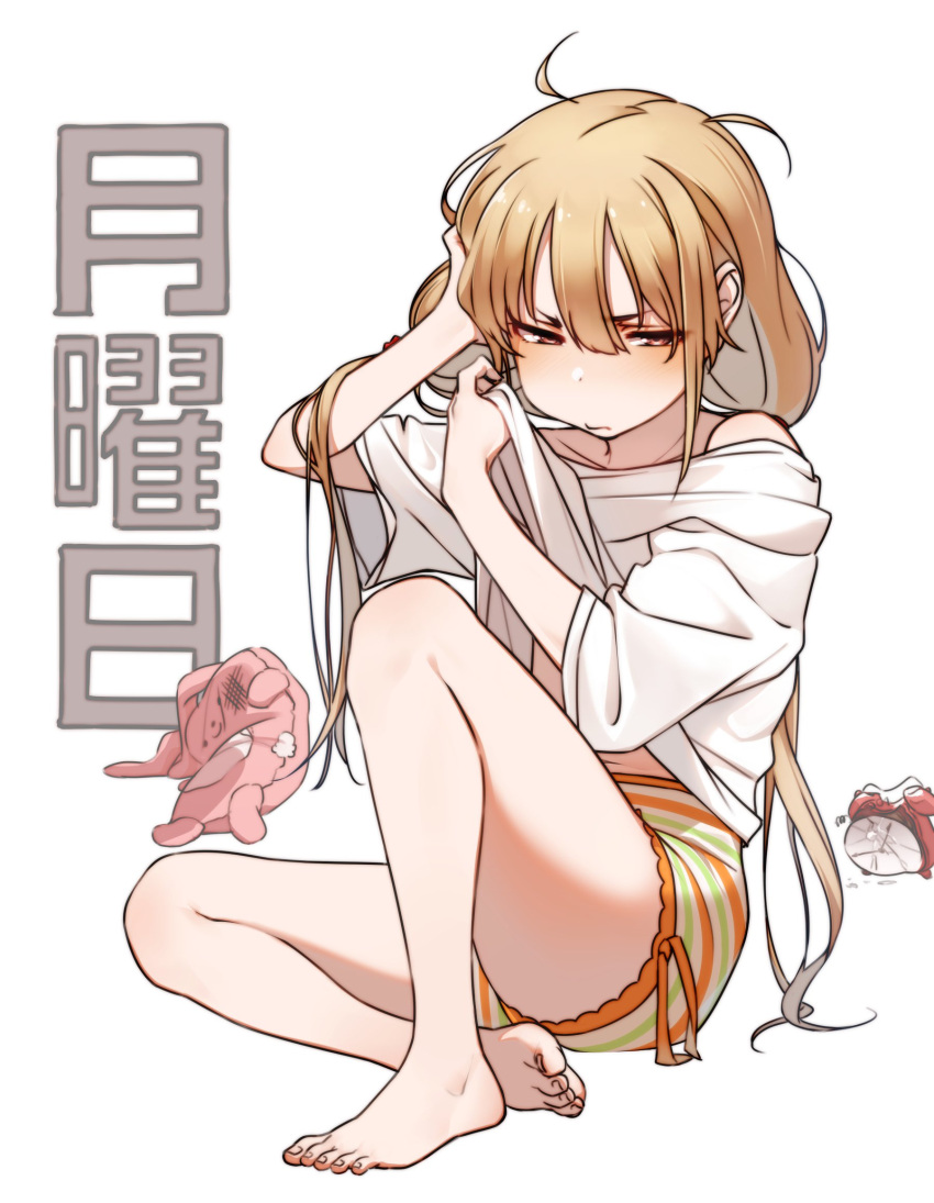 :t alarm_clock bare_shoulders barefoot blonde_hair brown_eyes clock clothes_pull dot_nose feet female flat_chest full_body futaba_anzu hand_on_own_head highres idolmaster idolmaster_cinderella_girls idolmaster_cinderella_girls_starlight_stage kakaobataa knee_up lifting_own_clothes long_hair looking_to_the_side low_twintails messy_hair midriff_peek monday navel off_shoulder pout shirt shirt_pull short_sleeves shorts sitting solo striped_clothes striped_shorts stuffed_animal stuffed_rabbit stuffed_toy toenails toes translated twintails two-tone_shorts very_long_hair white_background white_shirt