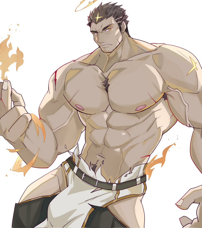 1boy abs armpit_hair armpit_hair_peek bara beard_stubble black_hair bodysuit bulge chest_tuft clothing_cutout cowboy_shot facial_hair fire flaming_halo halo highres huge_pectorals kasudachan large_hands looking_at_viewer male_focus mature_male muscular muscular_male navel navel_hair nipples pyrokinesis short_hair solo standing stomach strongman_waist stubble thick_eyebrows thigh_cutout tokyo_afterschool_summoners topless_male torn_clothes tsurime veins veiny_arms yellow_eyes zabaniyya_(housamo)