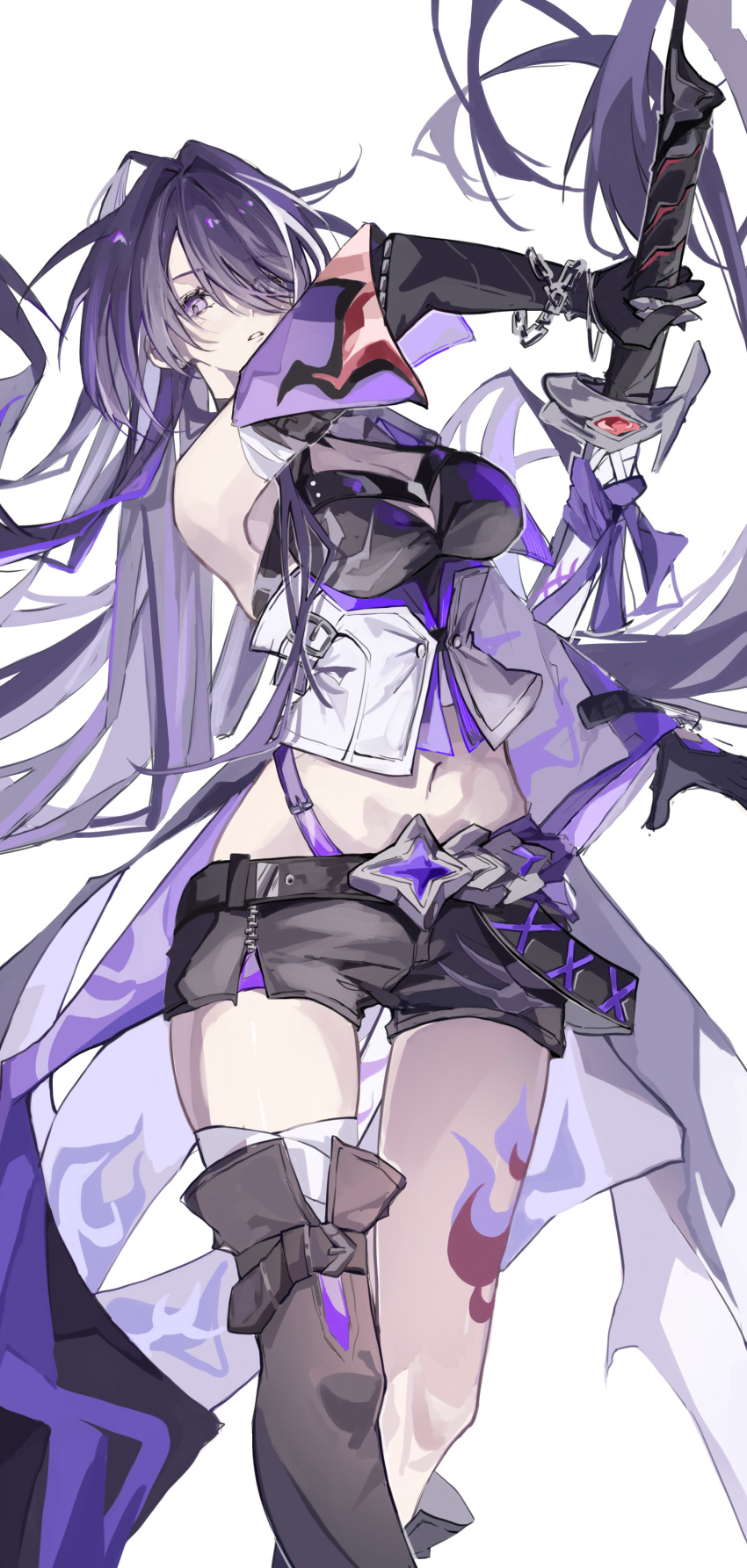 absurdres acheron_(honkai:_star_rail) bare_shoulders black_shorts breasts chains cleavage crop_top feet_out_of_frame female highres holding holding_sword holding_weapon honkai:_star_rail honkai_(series) katana leg_tattoo long_hair looking_at_viewer medium_breasts midriff navel parted_lips purple_eyes purple_hair ren_(renjiyu) scabbard sheath short_shorts shorts simple_background solo standing sword tattoo unsheathing very_long_hair weapon white_background