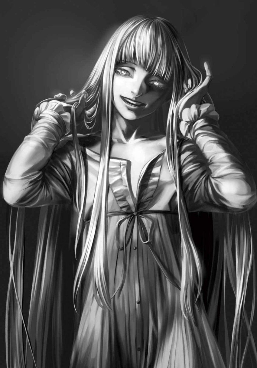 :d crazy crazy_smile fata_morgana_no_yakata female glowing glowing_eyes greyscale head_tilt highres long_hair long_sleeves looking_at_viewer monochrome moyatarou nellie_rhodes nightgown non-web_source novel_illustration official_art shaded_face smile solo spoilers upper_body