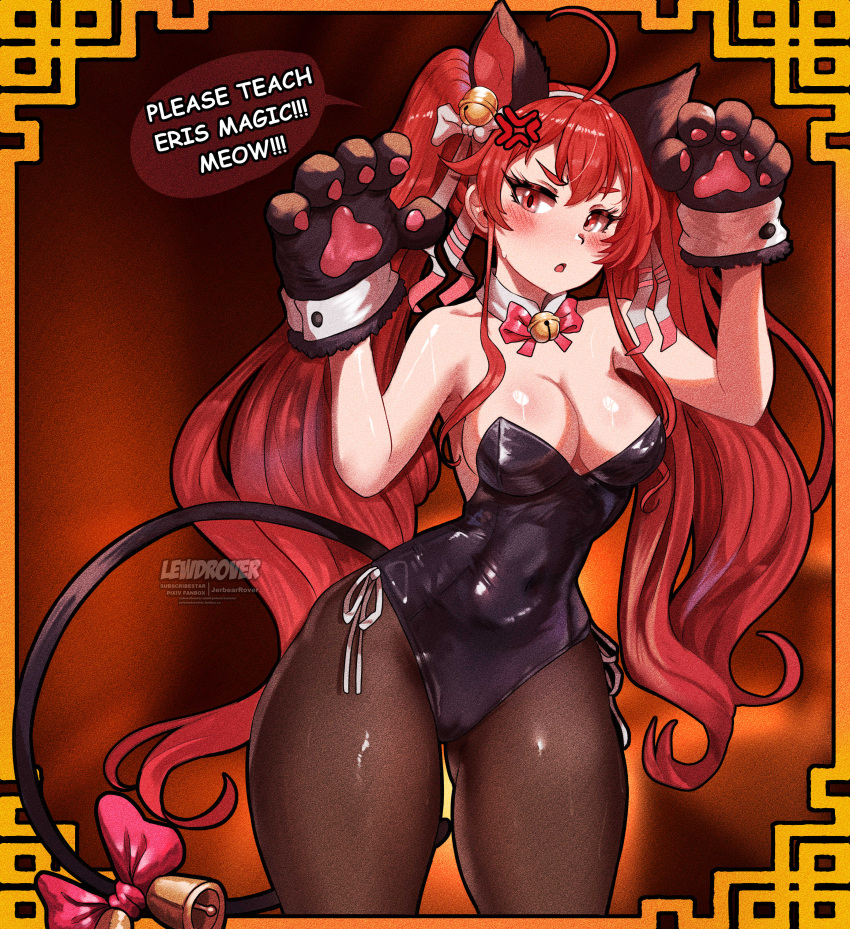 absurdres ahoge anger_vein animal_ears animal_hands ass_visible_through_thighs bell black_leotard blurry blurry_background blush breasts brown_dust_2 brown_thighhighs cat_ears cat_paws cat_tail cleavage collar covered_navel english_text eris_greyrat fake_animal_ears fake_tail feet_out_of_frame female hair_between_eyes highres jerbeartraveler jingle_bell large_breasts leotard long_hair looking_at_viewer mushoku_tensei pantyhose paw_pose pink_ribbon red_eyes red_hair ribbon short_eyebrows solo speech_bubble tail tail_bell tail_ornament tail_ribbon thick_thighs thighhighs thighs very_long_hair white_collar