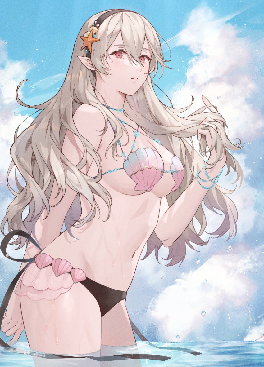 ai_tkkm arm_behind_back bare_shoulders beads bikini black_hairband breasts clam_shell cloud cloudy_sky commentary corrin_(female)_(fire_emblem) corrin_(fire_emblem) eyelashes female fire_emblem fire_emblem_cipher fire_emblem_fates grey_hair hairband headband highres large_breasts long_hair looking_at_viewer looking_down navel ocean official_alternate_costume parted_lips partially_submerged pointy_ears red_eyes shell shell_bikini sky solo standing starfish starfish_hair_ornament swimsuit water wet