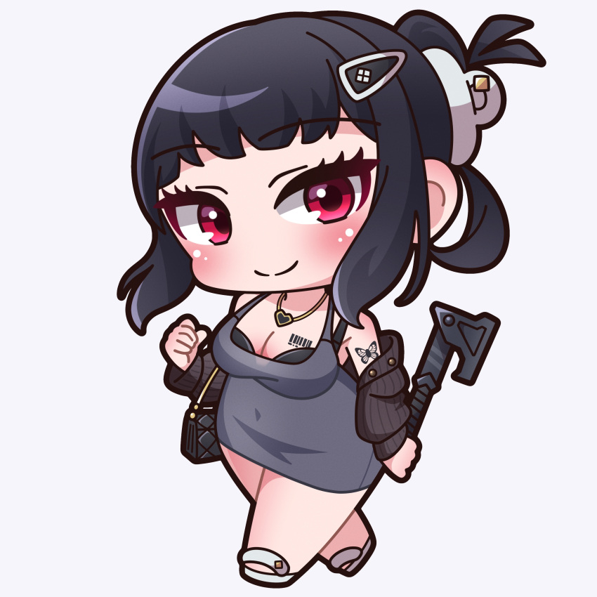 absurdres bag barcode barcode_tattoo bare_shoulders black_hair blush breasts brown_jacket chibi cleavage closed_mouth commentary_request d_(killer_wife)_(nikke) d_(nikke) dress female goddess_of_victory:_nikke grey_background grey_dress hair_ornament hairclip handbag heart highres jacket looking_at_viewer medium_breasts off_shoulder open_clothes open_jacket red_eyes ribbed_jacket saishosaisekojo sandals simple_background sleeveless sleeveless_dress smile solo tattoo walking white_footwear