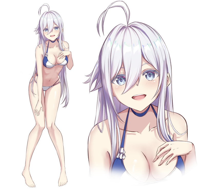 86_-eightysix- :d ahoge antenna_hair bare_shoulders bikini blue_choker blue_eyes breasts choker collarbone female full_body highres leaning_forward levy_(comradlevy) long_hair looking_at_viewer medium_breasts multiple_views open_mouth simple_background smile standing swimsuit thighs very_long_hair vladilena_millize white_background white_bikini white_hair