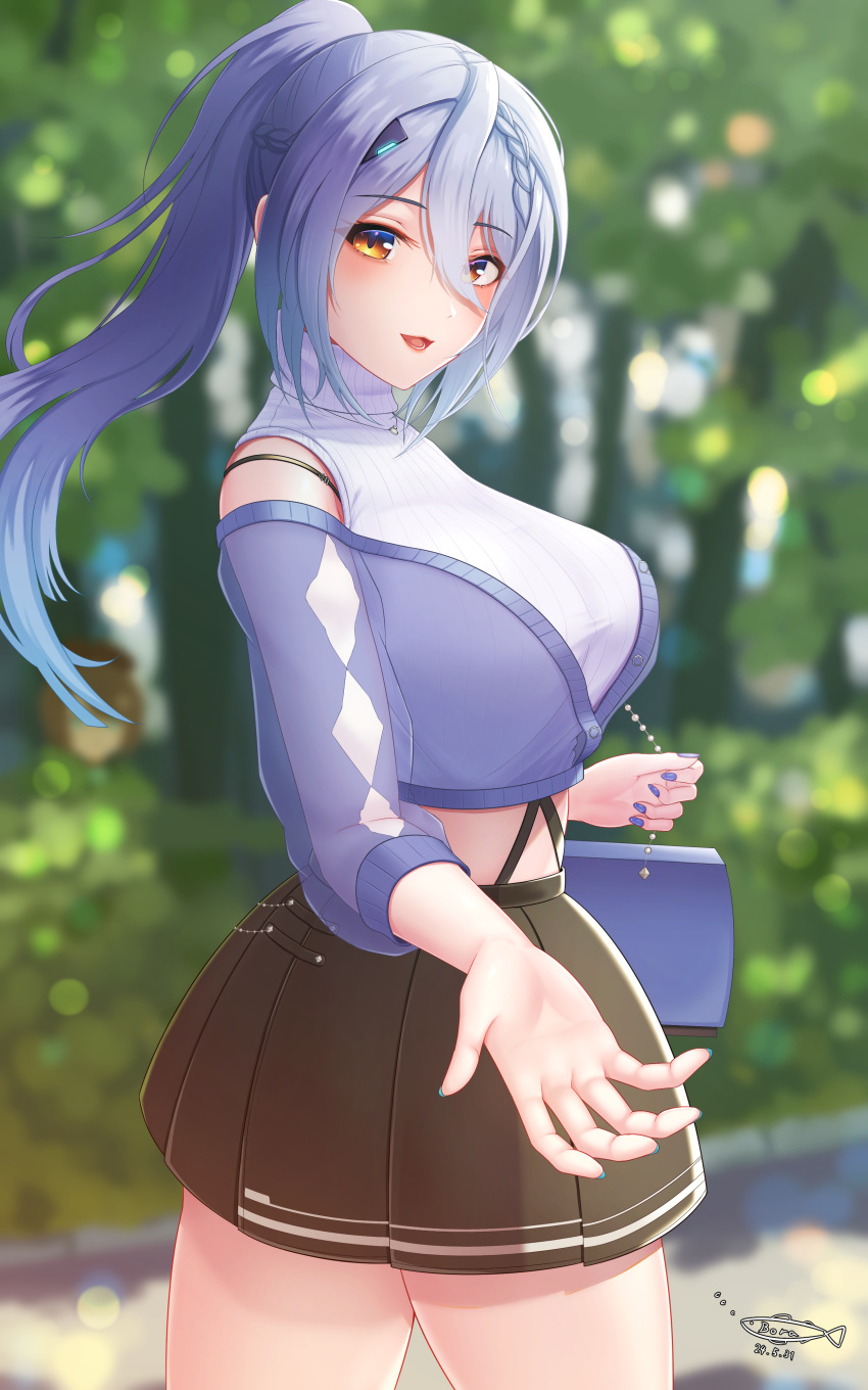 absurdres aogiri_koukou artist_logo bag black_skirt blue_hair blurry blurry_background bora_(karasumin0) braid breasts brown_eyes cardigan cropped_sweater dated etra_(icetea) female gradient_hair grey_hair hair_between_eyes handbag headgear highres jewelry large_breasts multicolored_hair necklace partially_unbuttoned pleated_skirt ponytail purple_cardigan purple_hair purple_nails skirt sleeveless sleeveless_sweater solo sweater turtleneck turtleneck_sweater virtual_youtuber