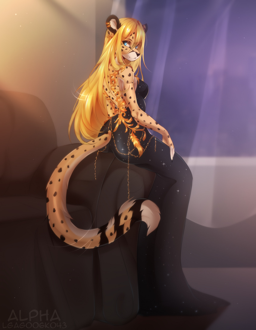 2024 anthro black_clothing black_dress blonde_hair blue_eyes breasts cheetah clothed clothed_anthro clothed_female clothing dress ear_piercing ear_ring felid feline female fur hair hi_res lena_fluffy_(character) lgag006k043_(artist) long_hair looking_back mammal markings medium_breasts piercing ring_piercing solo spots spotted_body spotted_fur tail yellow_body yellow_fur