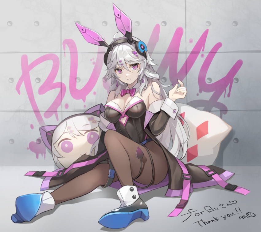 absurdres animal_ears bare_shoulders blush breasts cleavage copyright_request detached_collar fake_animal_ears female full_body highres looking_away medium_breasts medium_hair moguta_(moguta9) pantyhose pink_eyes playboy_bunny rabbit_ears ribbon sitting solo thighs white_hair