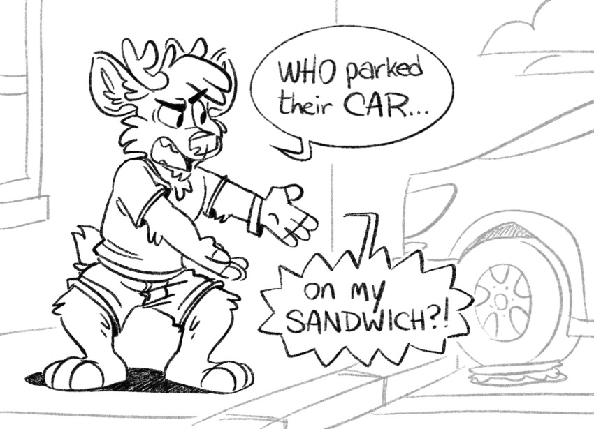 angry anthro asdfmovie barefoot black_and_white bottomwear building car clothing cloud darwin_(tinydeerguy) deer dialogue english_text feet food hi_res male mammal monochrome outside sandwich_(food) shirt shorts sidewalk simple_background solo text tinydeerguy topwear vehicle white_background