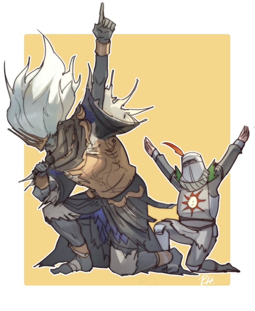 2boys \o/ armor arms_up cn_phoebe crown dark_souls_(series) dark_souls_i dark_souls_iii full_armor helmet highres long_hair male_focus multiple_boys nameless_king outstretched_arms praise_the_sun shoulder_armor solaire_of_astora tabard