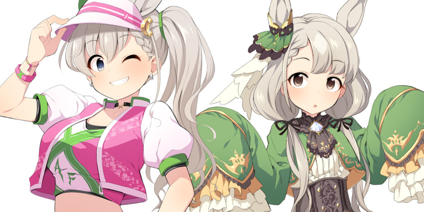 2girls :o animal_ears arm_up bad_id bad_pixiv_id black_choker blue_eyes braid braided_bangs breasts center_frills choker collarbone commentary_request cosplay crop_top cropped_jacket earrings frills green_jacket grey_hair grin hair_between_eyes hair_over_shoulder hand_on_headwear highres hisakawa_hayate hisakawa_nagi horse_ears idolmaster idolmaster_cinderella_girls idolmaster_cinderella_girls_starlight_stage ines_fujin_(umamusume) ines_fujin_(umamusume)_(cosplay) jacket jewelry kemonomimi_mode long_hair long_sleeves looking_at_viewer low_twintails medium_breasts multiple_girls nagae_rika navel one_eye_closed open_clothes open_jacket parted_lips pink_jacket puffy_short_sleeves puffy_sleeves satono_diamond_(umamusume) satono_diamond_(umamusume)_(cosplay) shirt short_sleeves side_ponytail simple_background sleeves_past_fingers sleeves_past_wrists smile tachibana_hina_(voice_actor) twintails uccow upper_body very_long_hair visor_cap voice_actor_connection white_background white_headwear white_shirt