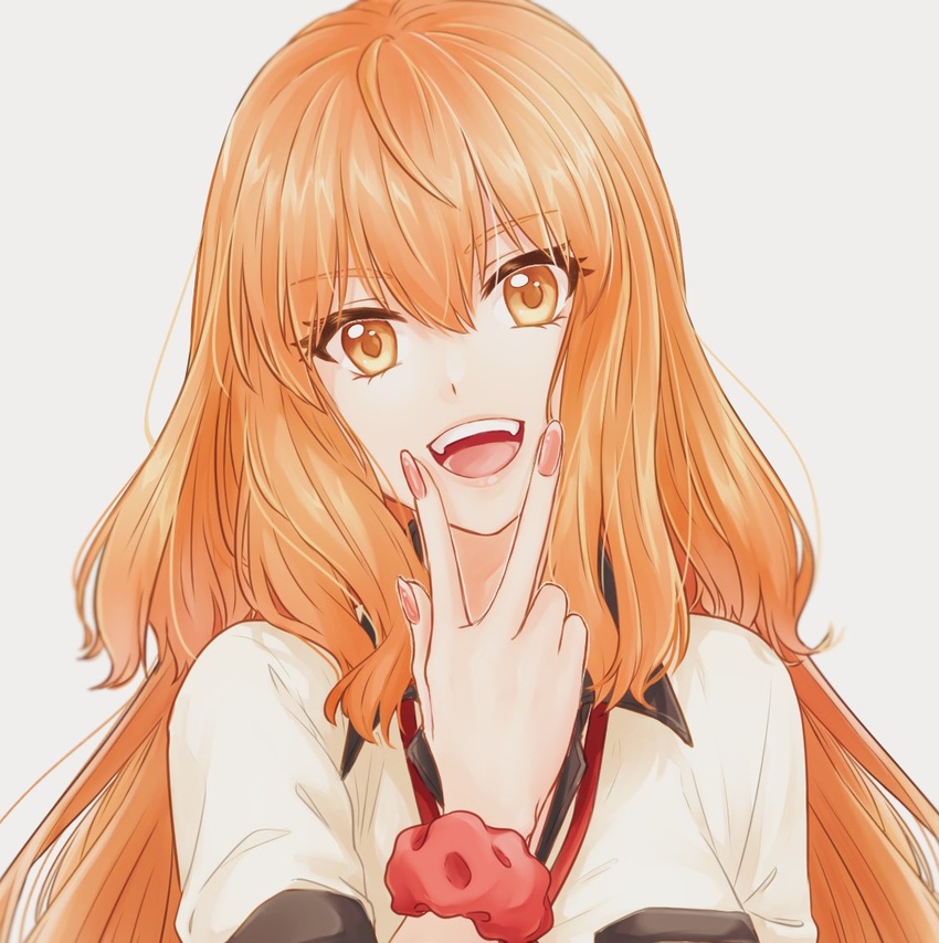 collared_shirt commentary_request eyelashes eyes_visible_through_hair fate/extra fate/extra_ccc fate/extra_ccc_fox_tail fate_(series) female fingernails grey_background hair_between_eyes hand_up long_hair looking_at_viewer nail_polish no_animal_ears open_mouth orange_eyes orange_hair pink_nails portrait purutera scrunchie shirt simple_background smile solo suzuka_gozen_(fate) teeth tongue upper_teeth_only v wrist_scrunchie