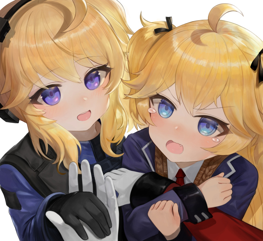 1other 2girls :d ahoge arm_hug bad_id bad_pixiv_id black_bow black_gloves blonde_hair blue_eyes blue_jacket blush bow collared_shirt commander_(girls'_frontline) commentary_request dokomon girls'_frontline girls'_frontline_2:_exilium gloves griffin_&_kryuger_military_uniform hairbow highres jacket korean_commentary long_hair long_sleeves multiple_girls necktie oerba_yun_fang open_mouth red_necktie shirt simple_background smile super-shorty_(girls'_frontline) tears two_side_up upper_body v-shaped_eyebrows vepley_(girls'_frontline_2) very_long_hair wavy_mouth white_background white_gloves white_shirt